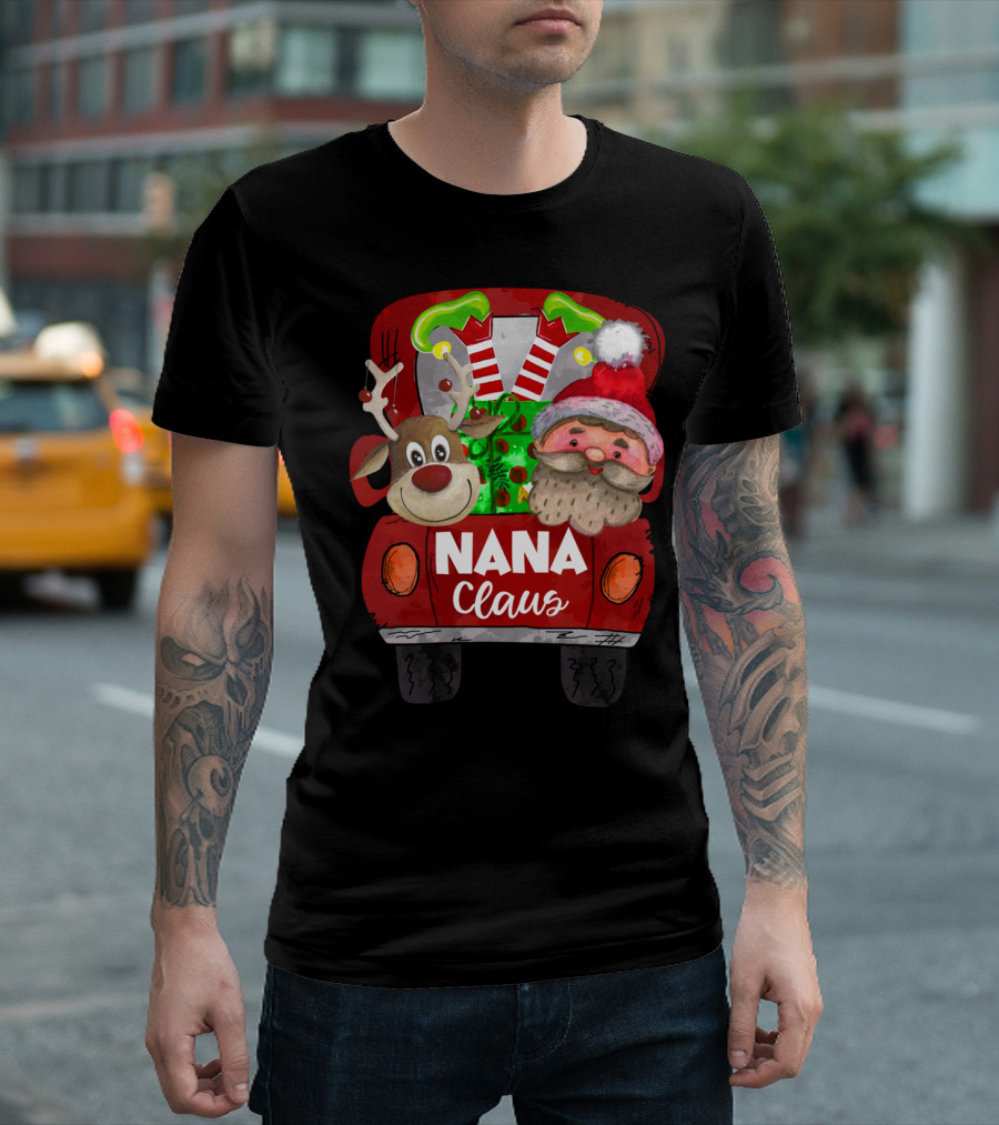 Nana Claus Red Car Christmas Reindeer and Santa T-Shirt