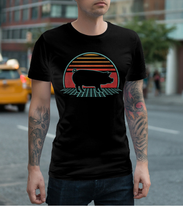Pig Retro Sunset Grid 80s Farm Animal Lover T-Shirt