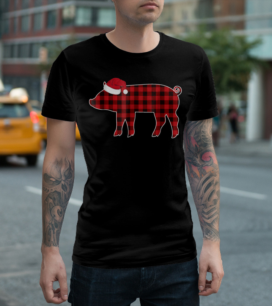 Buffalo Plaid Pig with Santa Hat Christmas T-Shirt