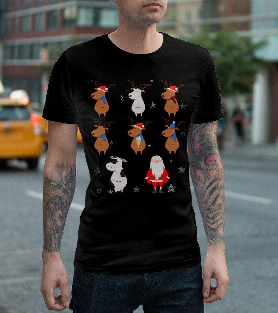 Santa Claus Reindeers with Cow and Snowflakes T-Shirt
