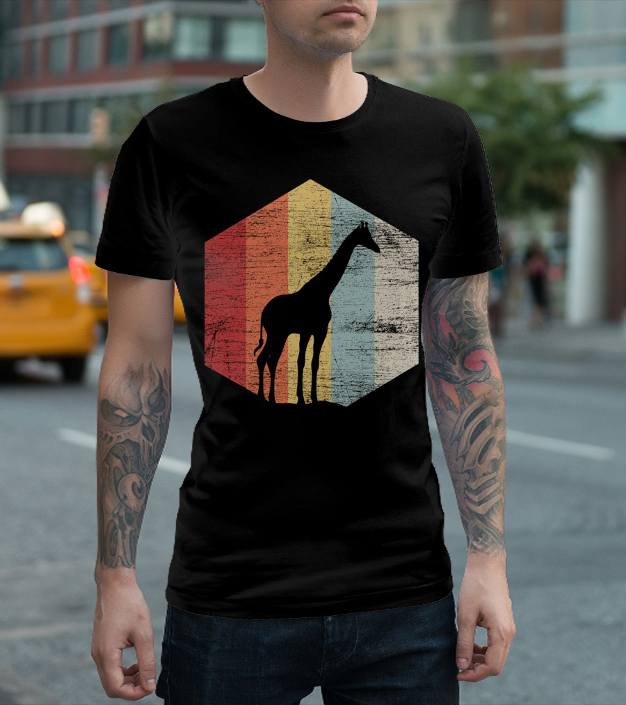 Retro Giraffe Silhouette with Vintage Stripes T-Shirt