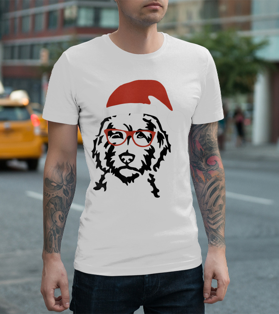Santa Doodle Goldendoodle Christmas Red Hat Glasses T-Shirt