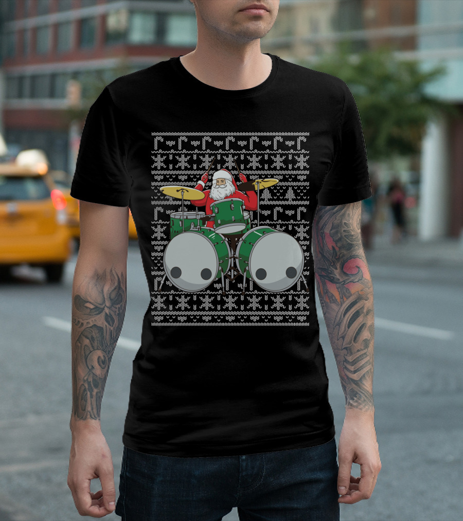 Santa Drummer Christmas Ugly Sweater Style Drums T-Shirt