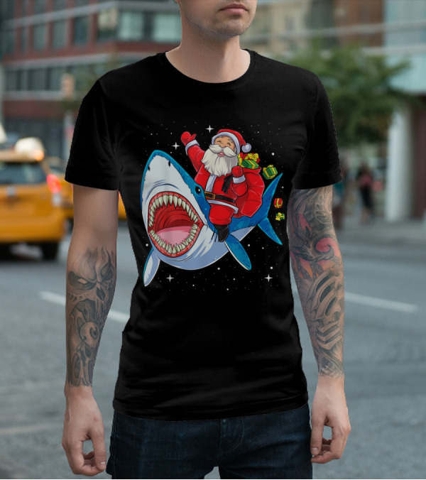 Santa And Presents On Shark In Starry Christmas Galaxy T-Shirt