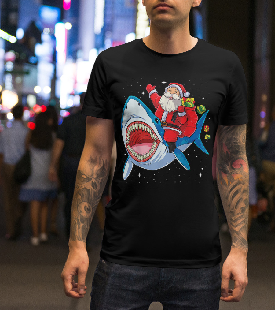 Santa And Presents On Shark In Starry Christmas Galaxy T-Shirt