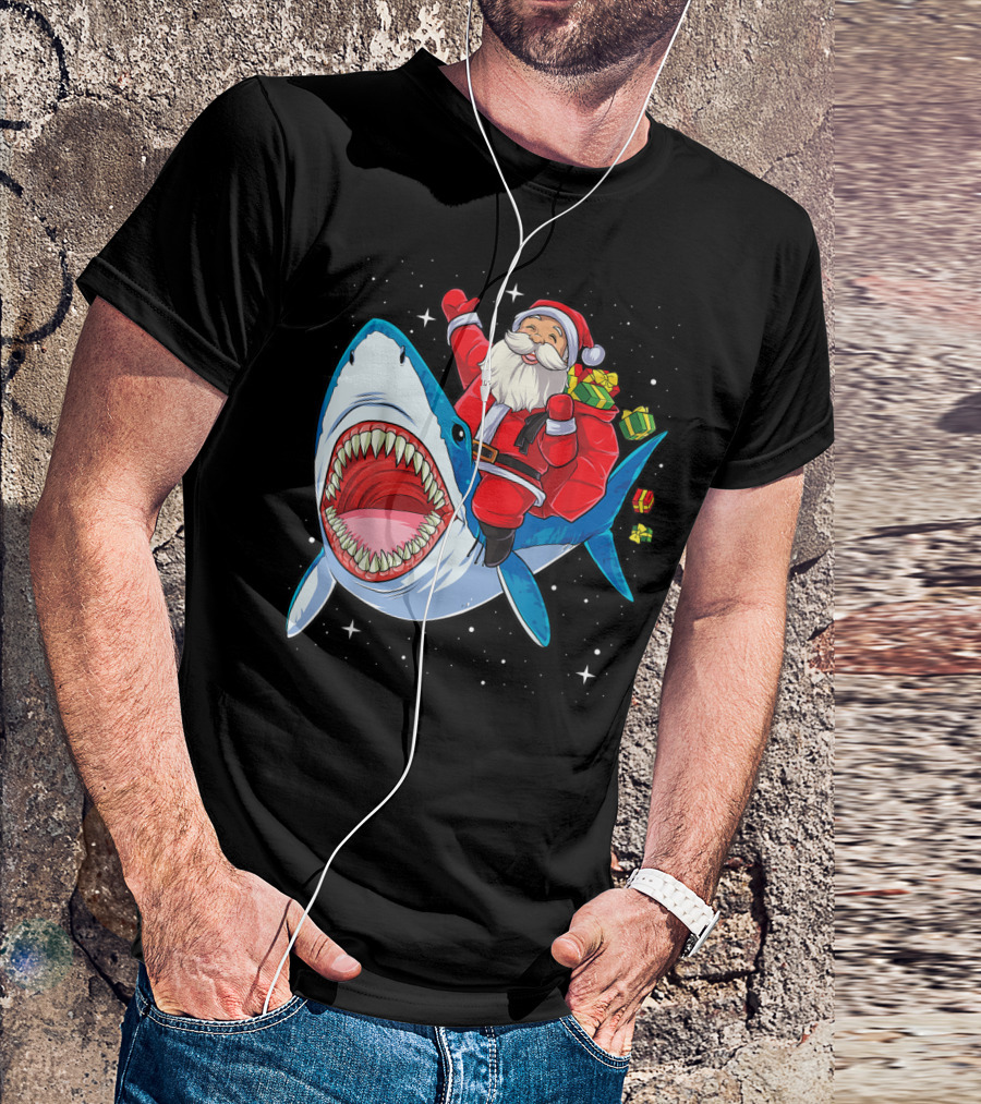Santa And Presents On Shark In Starry Christmas Galaxy T-Shirt
