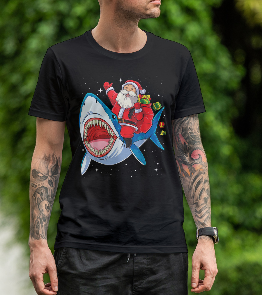 Santa And Presents On Shark In Starry Christmas Galaxy T-Shirt