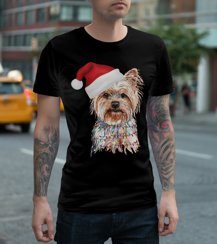 Santa Yorkie Terrier Dog with Christmas Lights Reindeer T-Shirt