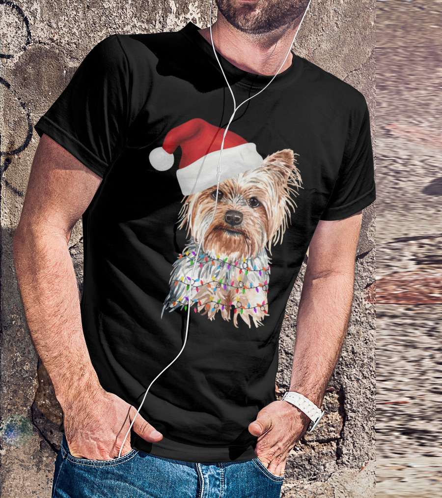 Santa Yorkie Terrier Dog With Christmas Lights Reindeer T-Shirt