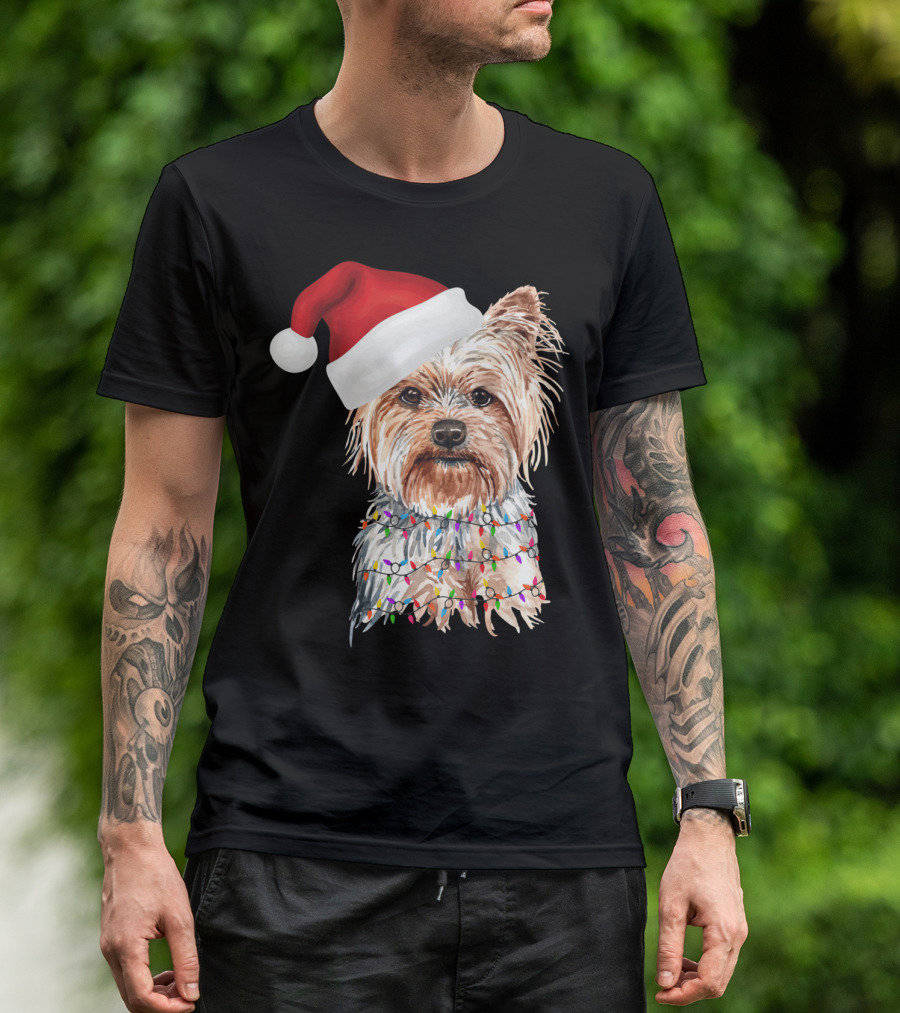 Santa Yorkie Terrier Dog With Christmas Lights Reindeer T-Shirt