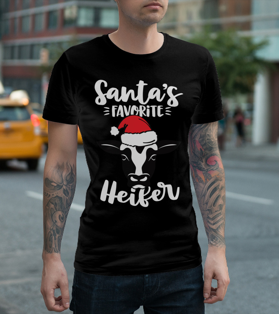 Santa's Favorite Heifer Cow Cattle Farmer Christmas Santa Hat T-Shirt