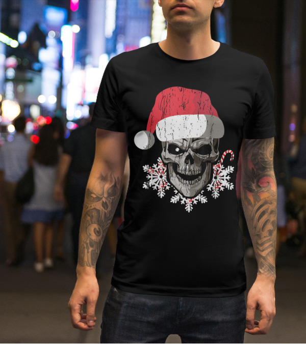 Skull Santa Hat Snowflakes Candy Cane T-Shirt