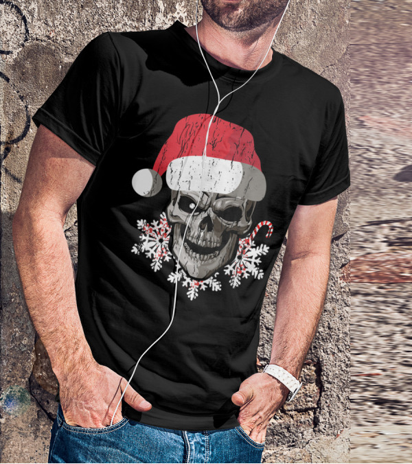 Skull Santa Hat Snowflakes Candy Cane T-Shirt