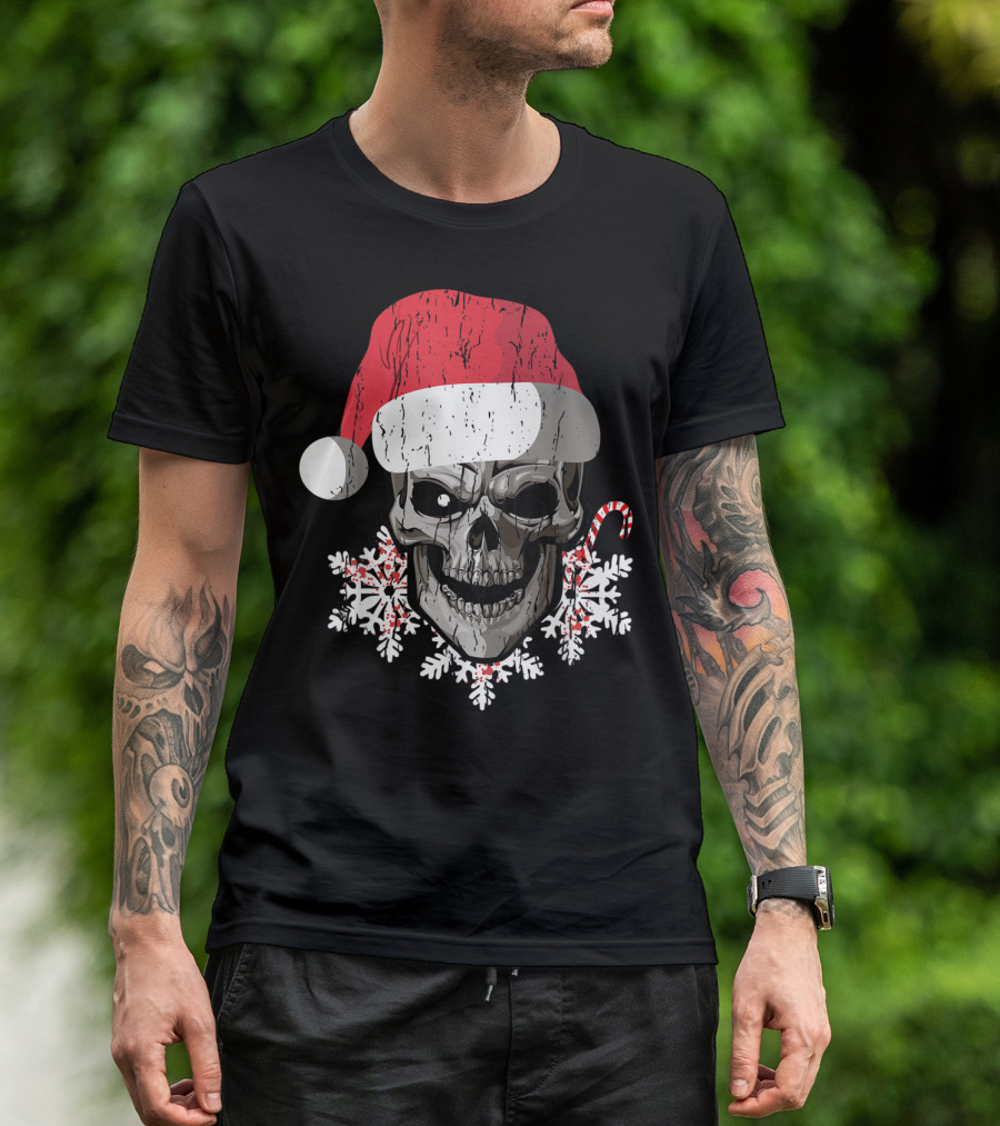 Skull Santa Hat Snowflakes Candy Cane T-Shirt