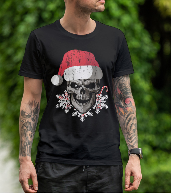 Skull Santa Hat Snowflakes Candy Cane T-Shirt