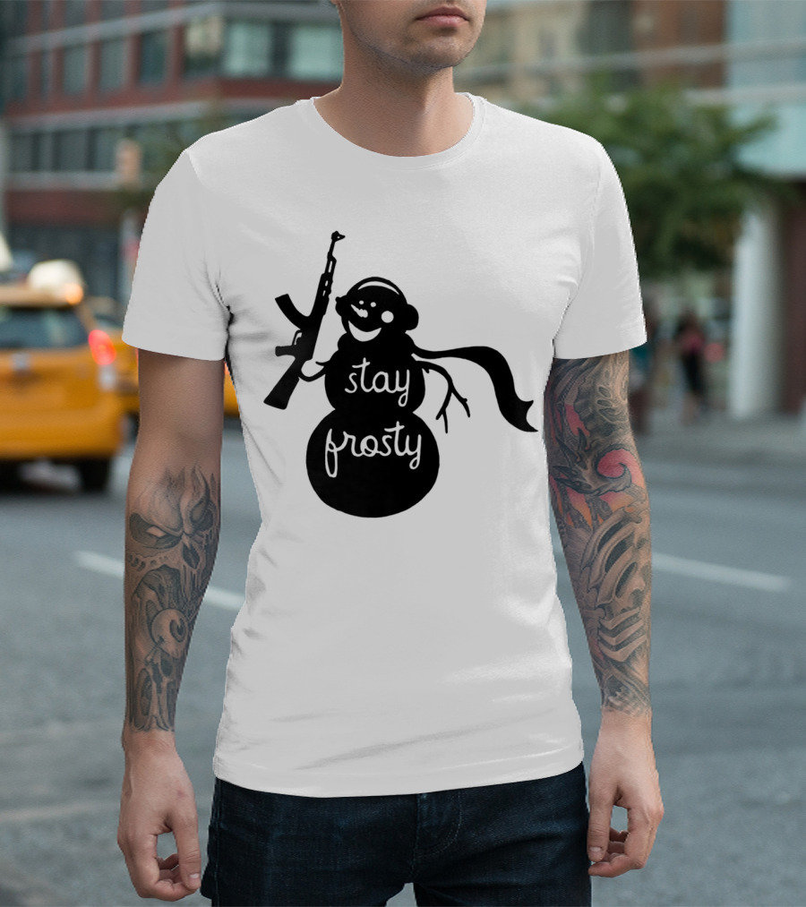 Stay Frosty Snowman with Headphones and Rifle T-Shirt