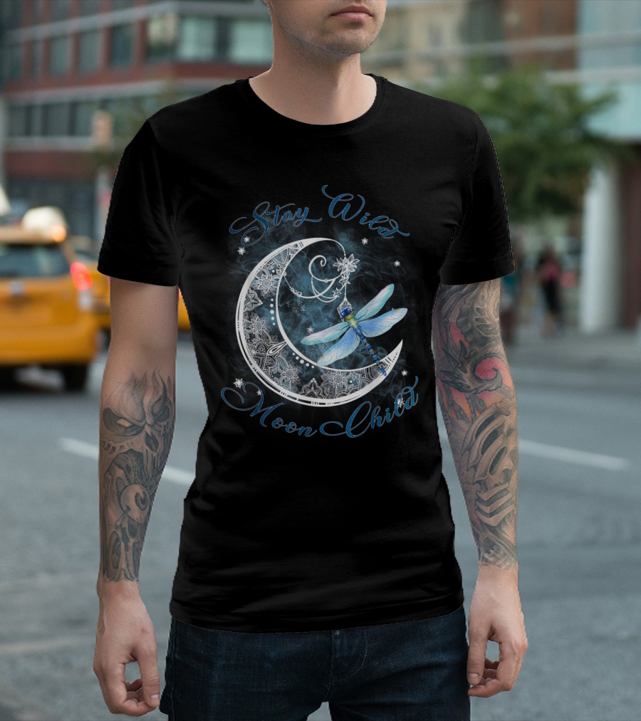 Stay Wild Moon Child Dreamy Dragonfly On Crescent Moon T-Shirt