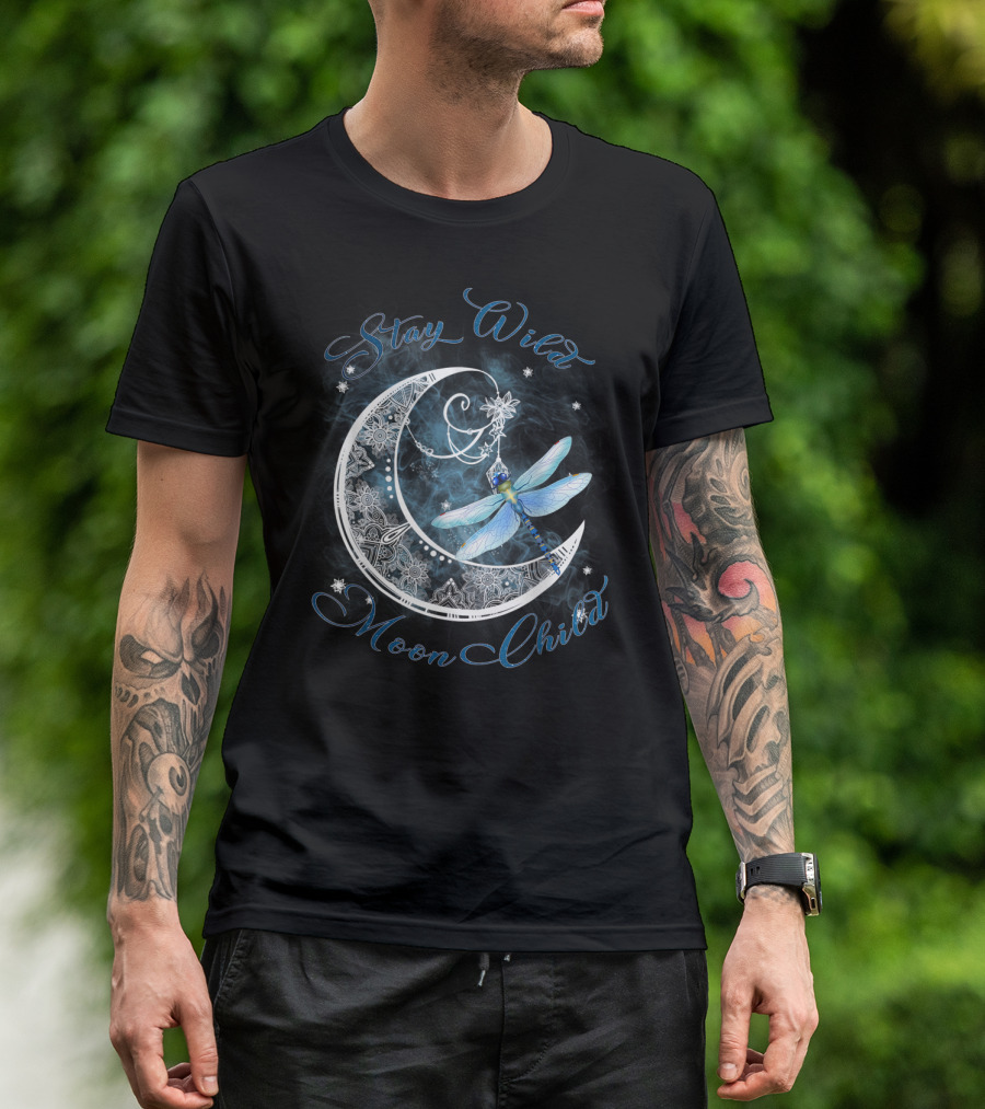 Stay Wild Moon Child Dreamy Dragonfly On Crescent Moon T-Shirt
