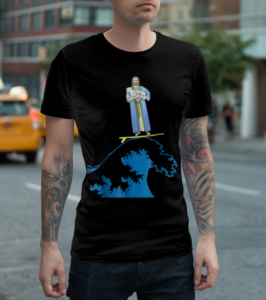 Surfing Jesus Riding the Wave with a Lamb T-Shirt
