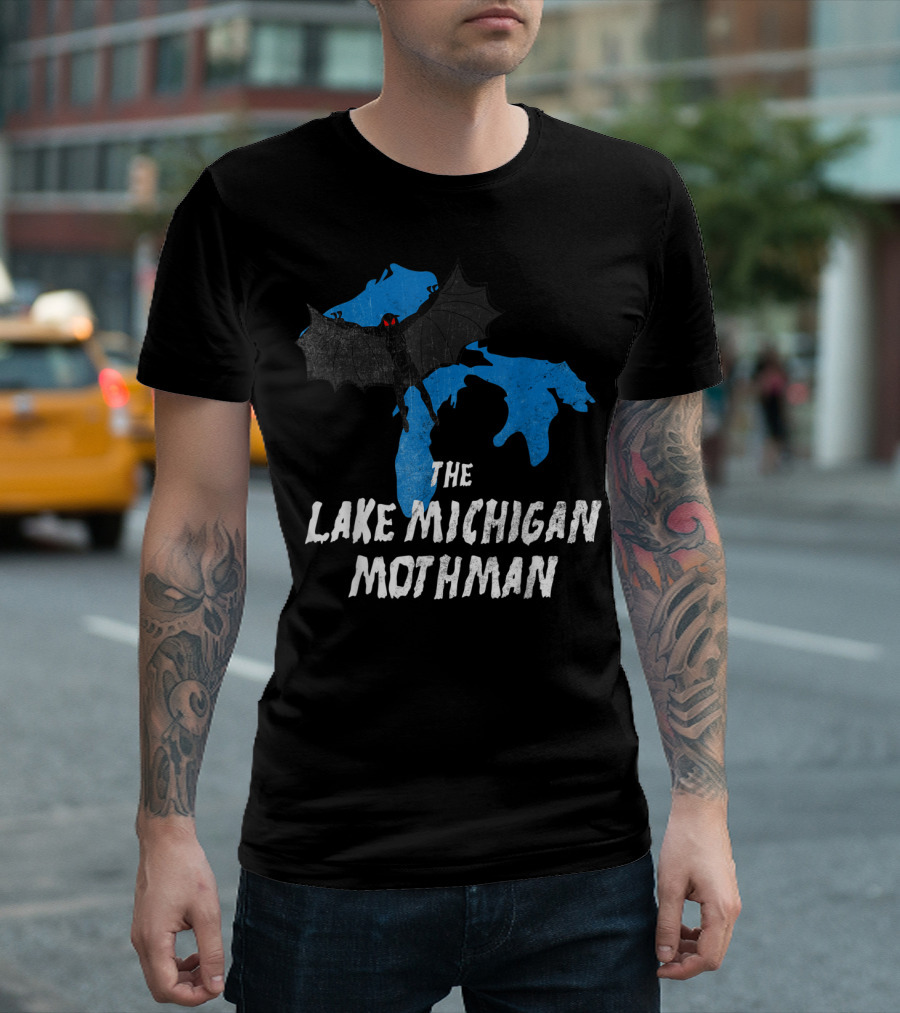 The Lake Michigan Mothman Over Michigan Map With Black And Red Bat Monster T-Shirt