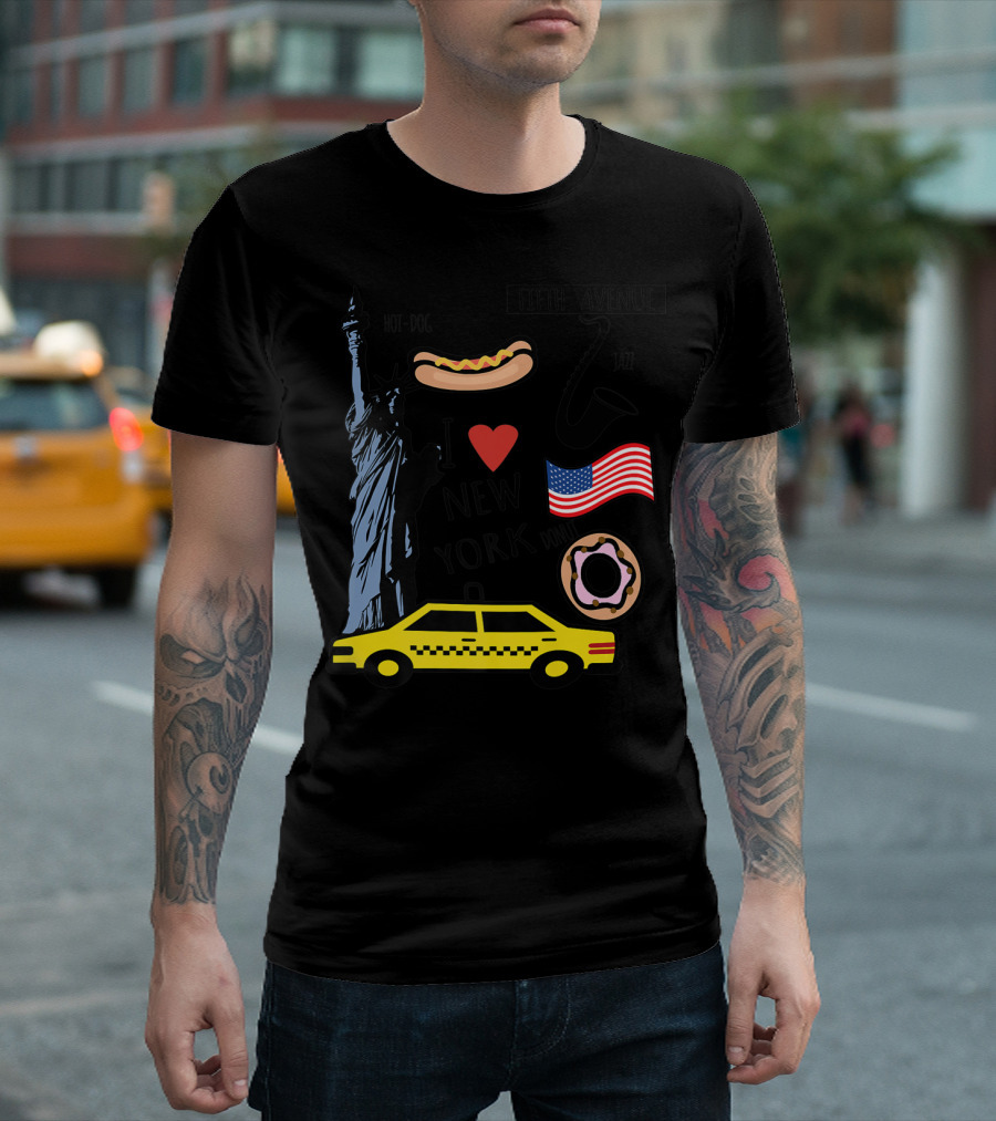 I Heart New York Top Spots Statue Of Liberty Taxi Fifth Avenue Hot Dog Jazz Donut American Flag T-Shirt