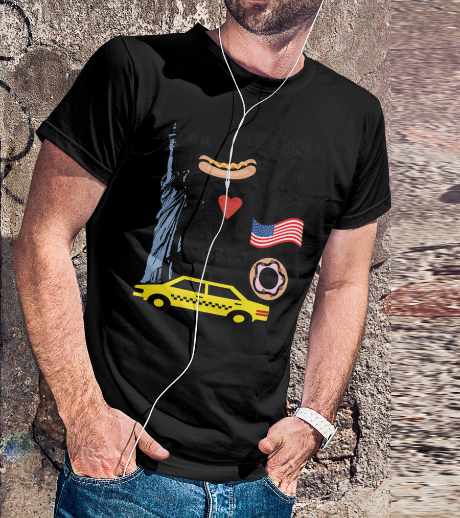 I Heart New York Top Spots Statue Of Liberty Taxi Fifth Avenue Hot Dog Jazz Donut American Flag T-Shirt