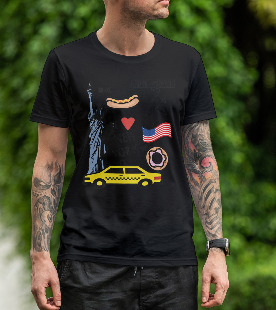 I Heart New York Top Spots Statue Of Liberty Taxi Fifth Avenue Hot Dog Jazz Donut American Flag T-Shirt