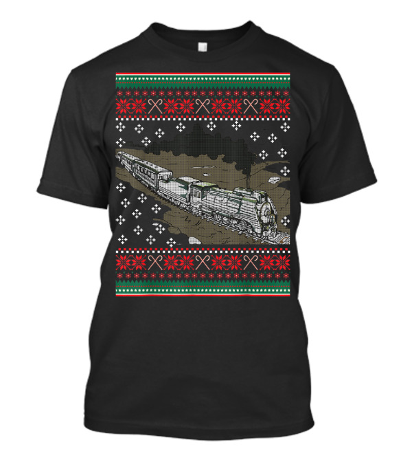 Steam Engine Train Ugly Christmas Pattern Railroad T-Shirt