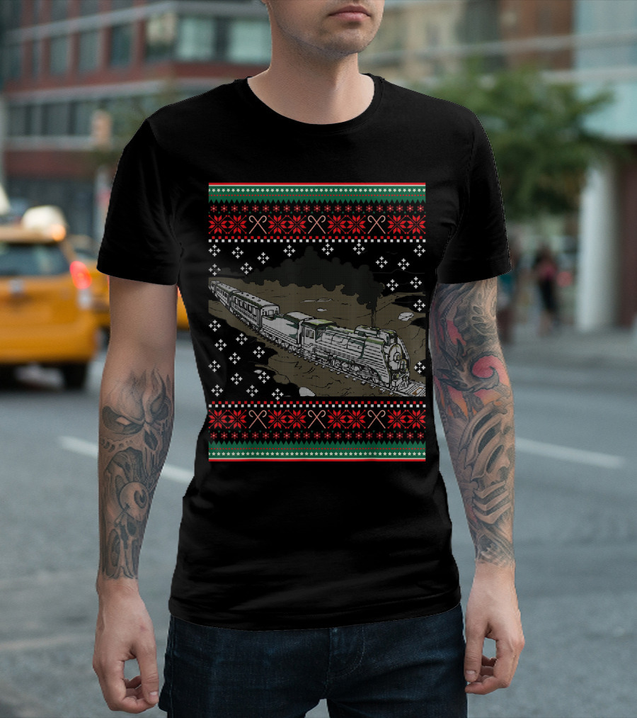 Steam Engine Train Ugly Christmas Pattern Railroad T-Shirt