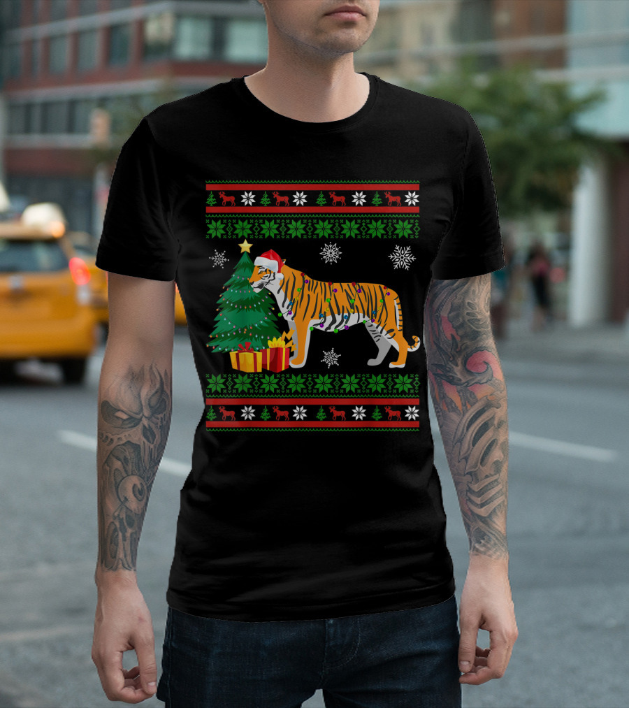 Tiger with Santa Hat and Christmas Tree Holiday Pattern Snowflakes and Reindeer T-Shirt