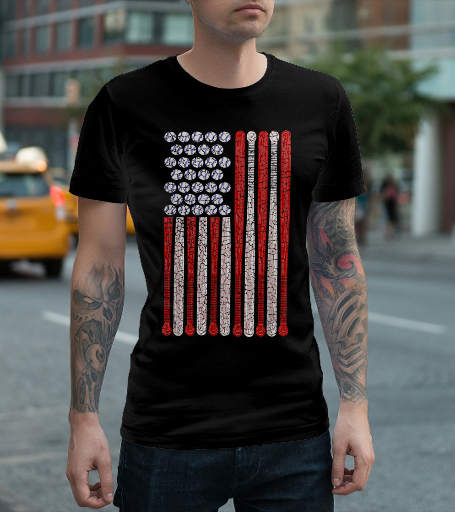 Vintage American Flag 4th July Baseball Bat And Ball T-Shirt