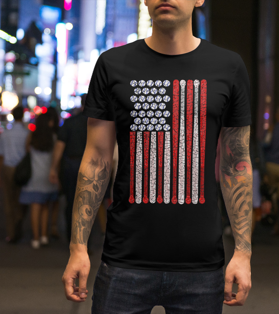 Vintage American Flag 4th July Baseball Bat And Ball T-Shirt