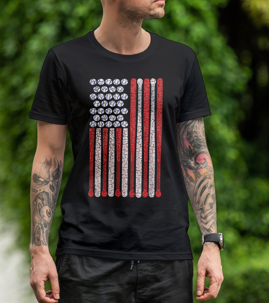 Vintage American Flag 4th July Baseball Bat And Ball T-Shirt