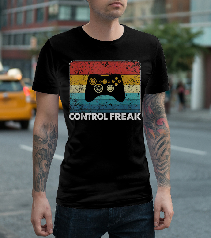 Control Freak Vintage Video Game Controller Retro Stripes T-Shirt