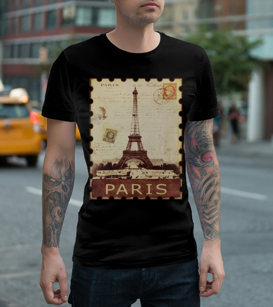 Vintage Eiffel Tower Paris Stamp with Distressed Paris Text T-Shirt