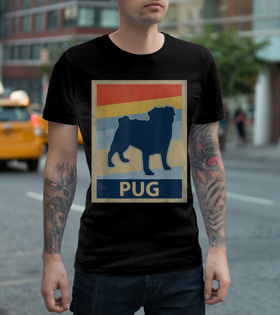 Vintage Pug Silhouette with Retro Stripes T-Shirt