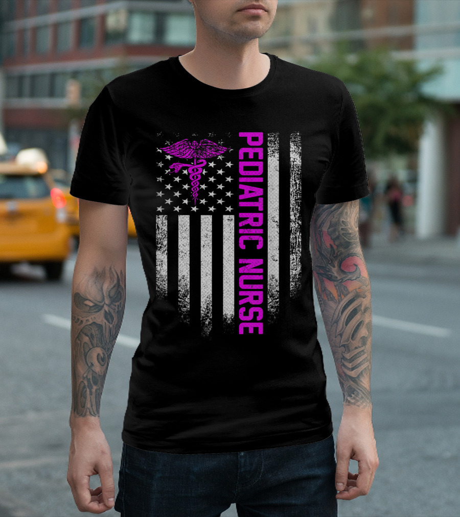 Pediatric Nurse American Flag Vintage USA Caduceus T-Shirt