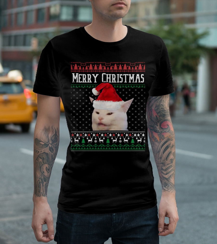 Merry Christmas Woman Yelling At Smudge Cat Santa Hat Holiday T-Shirt