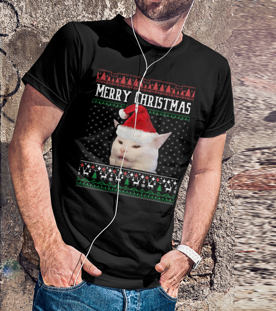 Merry Christmas Woman Yelling At Smudge Cat Santa Hat Holiday T-Shirt