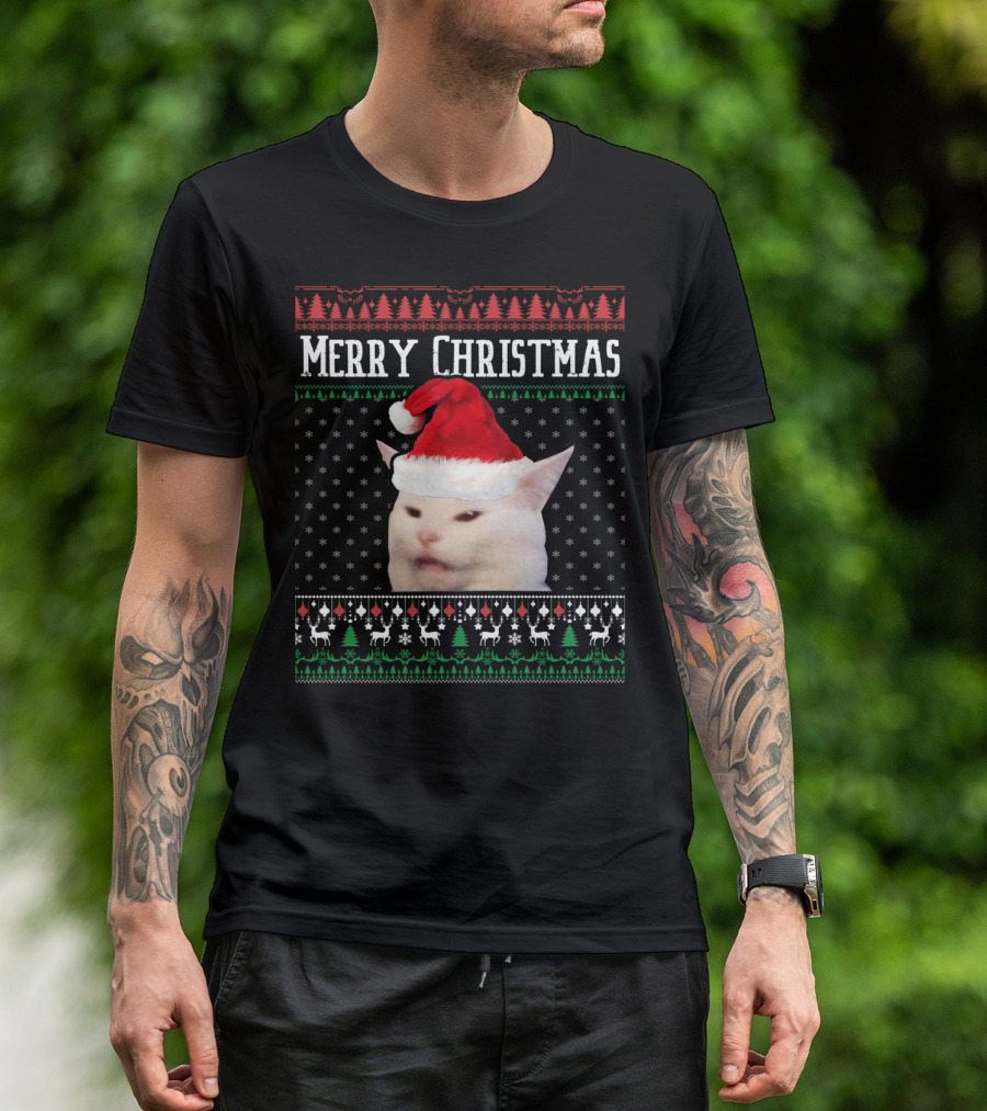 Merry Christmas Woman Yelling At Smudge Cat Santa Hat Holiday T-Shirt