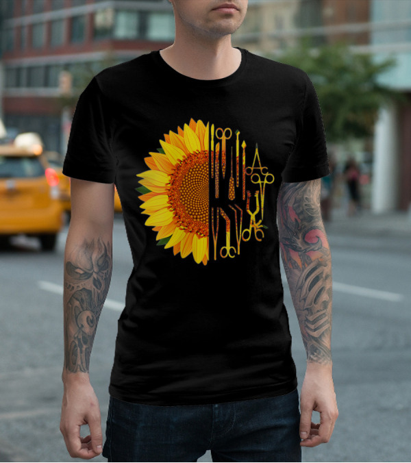 Scrub Tech Surgeon Surgical Instruments Sunflower Hybrid T-Shirt