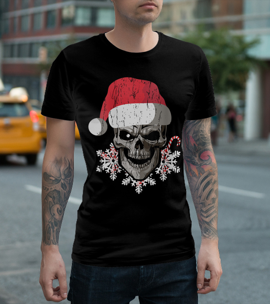 Skull With Santa Hat Snowflakes Candy Cane T-Shirt