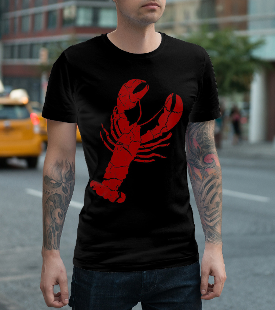 Vintage Lobster Print Red Cracked T-Shirt