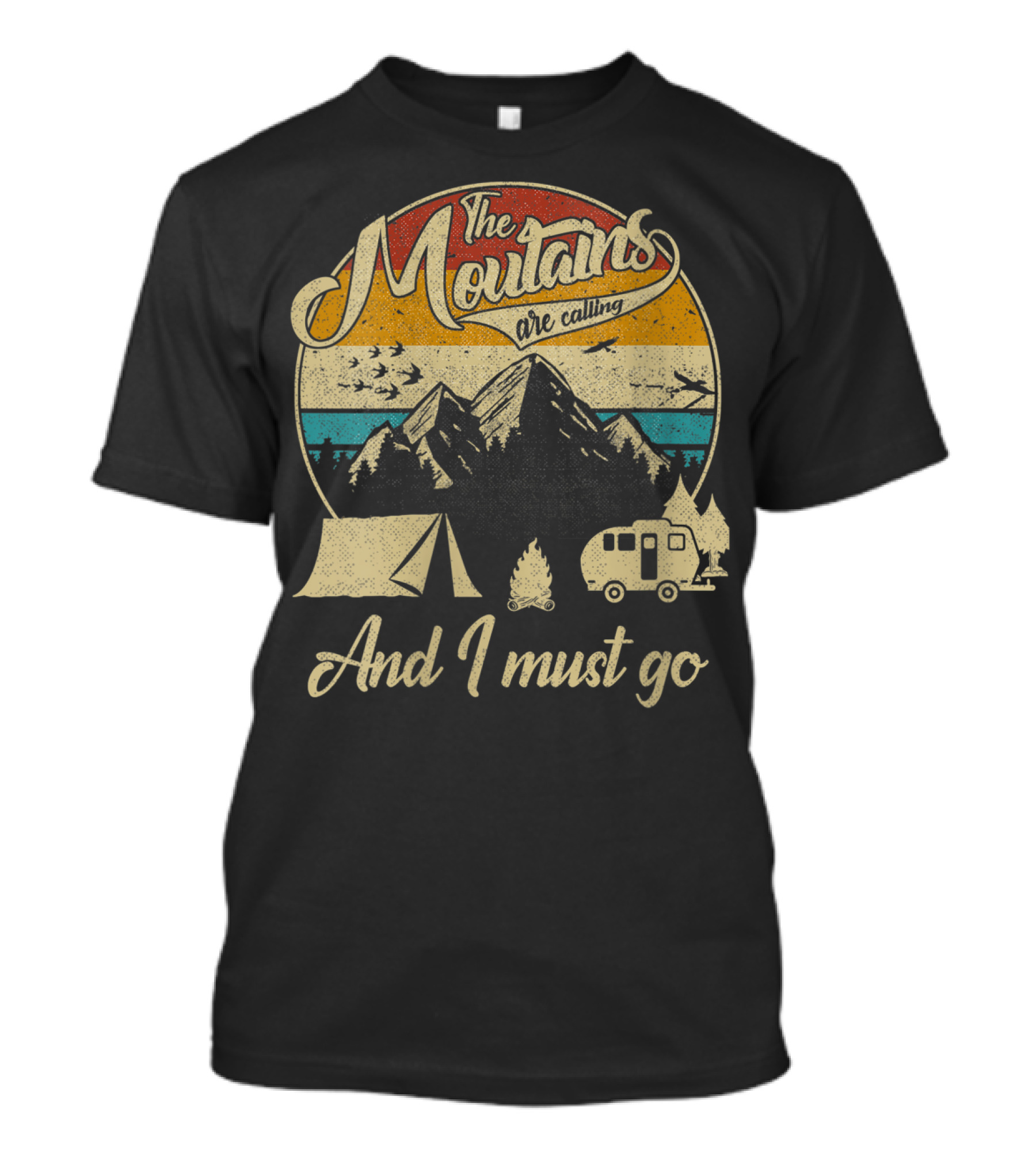 The Mountains Are Calling And I Must Go Vintage 80s Camping Scene T-Shirt