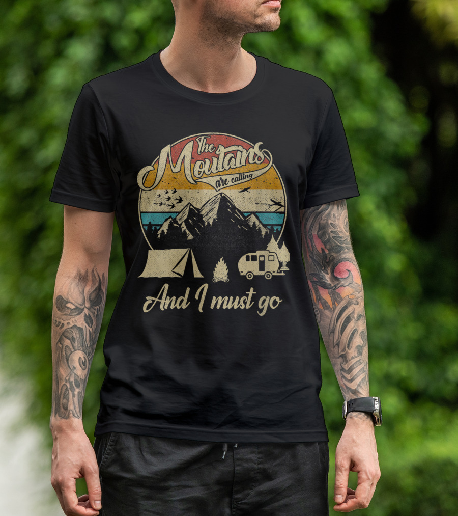 The Mountains Are Calling And I Must Go Vintage 80s Camping Scene T-Shirt