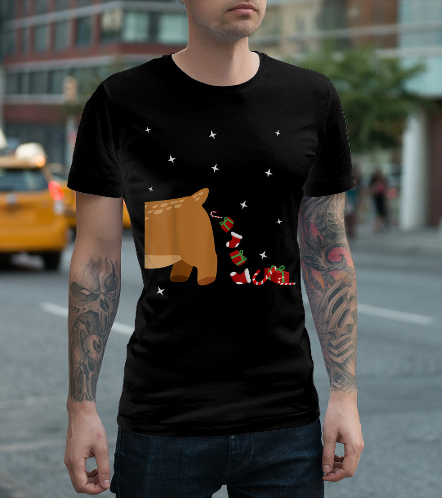 Xmas Sick Reindeer Costume Matching Couple with Stars and Falling Candy Cane Presents T-Shirt