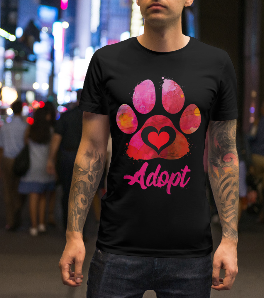 Adopt Love Watercolor Heart Paw Rescue Animal Lover T-Shirt