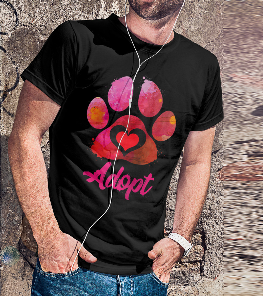 Adopt Love Watercolor Heart Paw Rescue Animal Lover T-Shirt