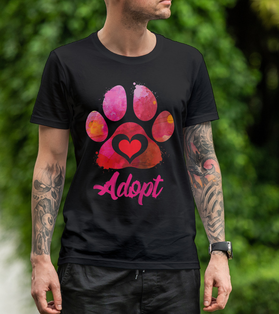 Adopt Love Watercolor Heart Paw Rescue Animal Lover T-Shirt