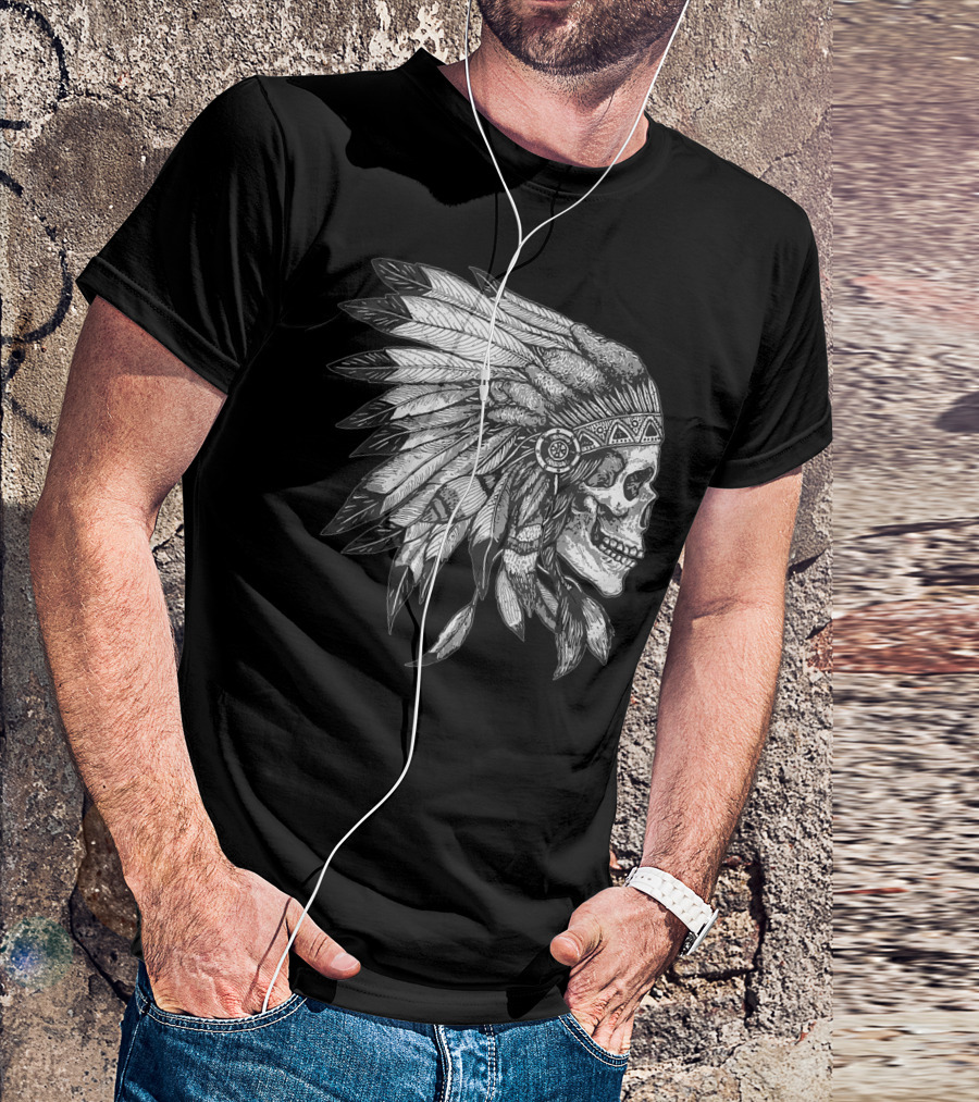 American Motorcycle Skull With Native Indian Eagle Feather Headdress T-Shirt